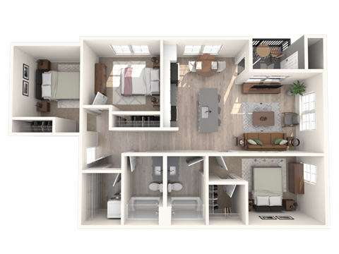 Floor plan for 3 beds, 2 baths, 1157 sqft